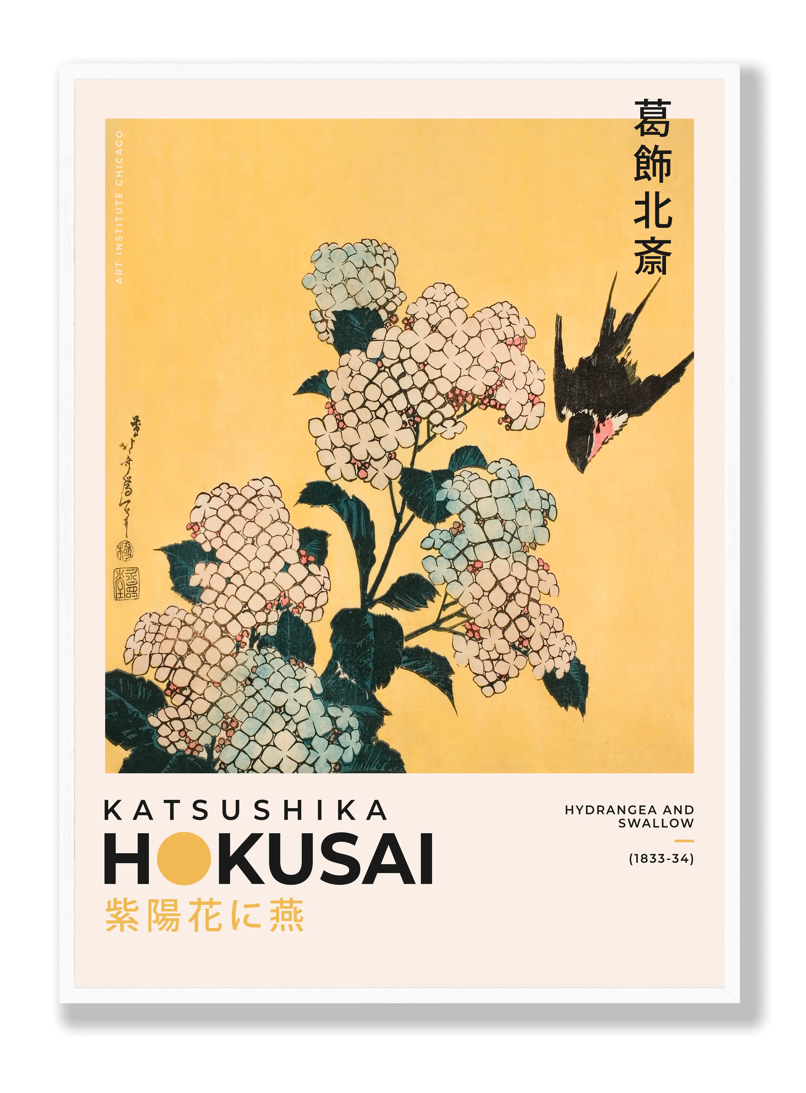 Katsushika Hokusai – Hortensie und Schwalbe Poster