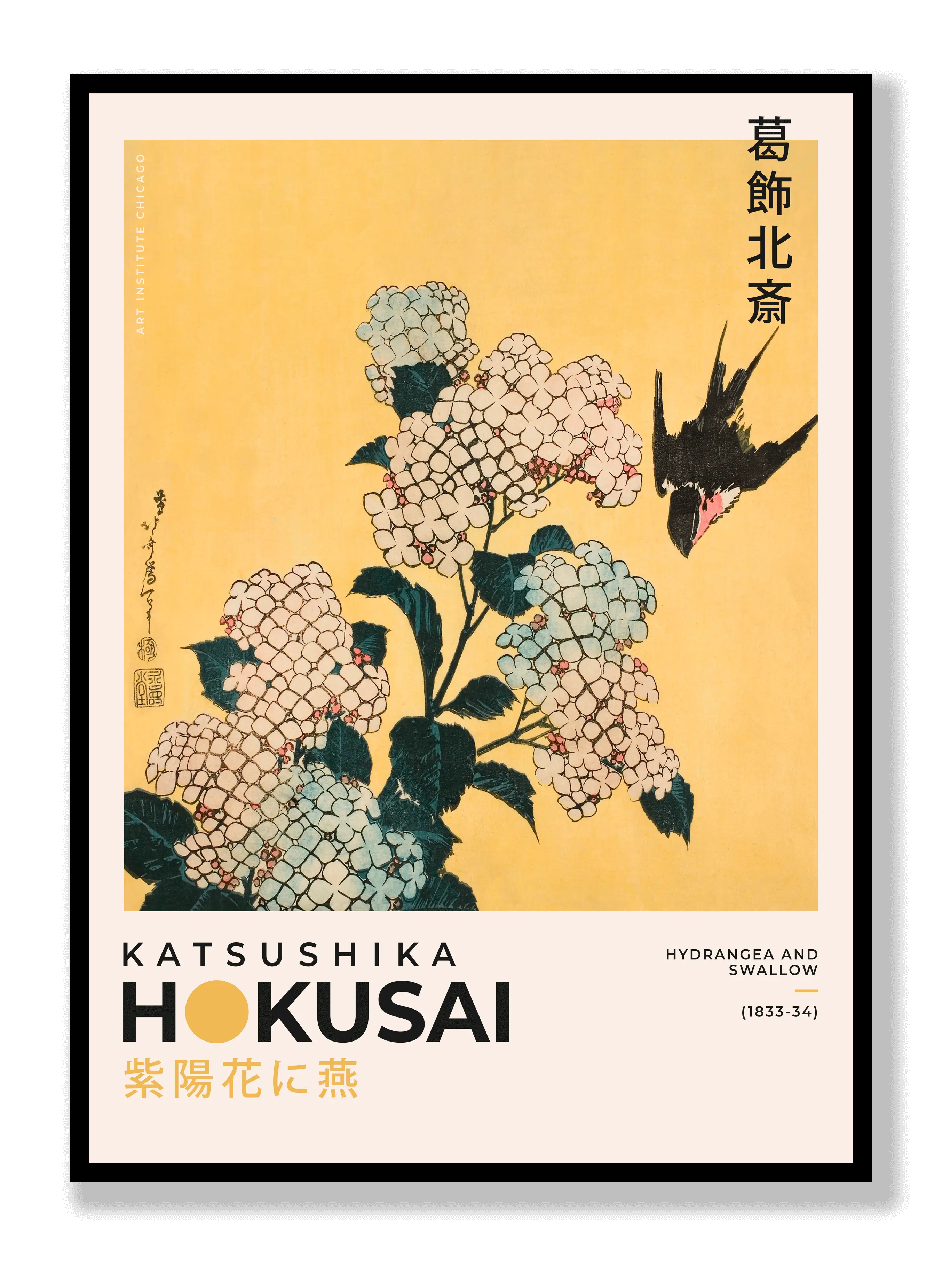 Katsushika Hokusai – Hortensie und Schwalbe Poster